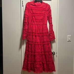 Rarely worn Ulla Johnson Midi Dress in bright pink! High lace collar.